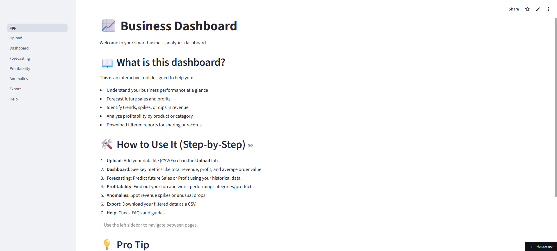 Business Dashboard Streamlit analytics dashboard with Prophet forecasting and anomaly detection features