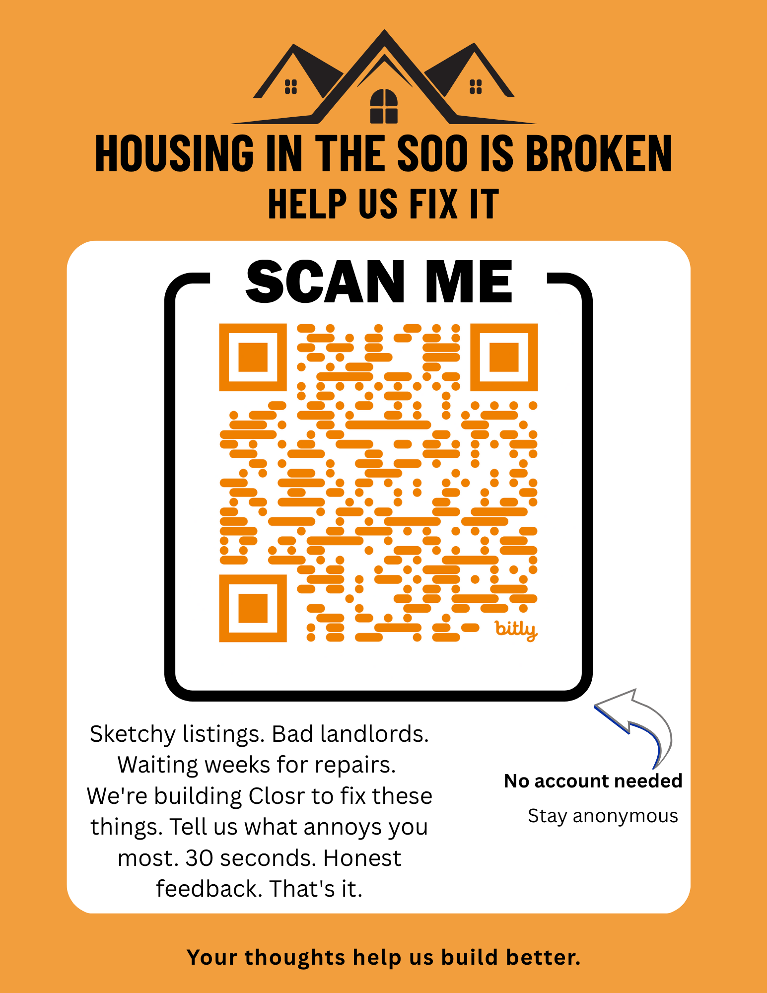Closr real estate marketplace promotional flyer with QR code for feedback survey